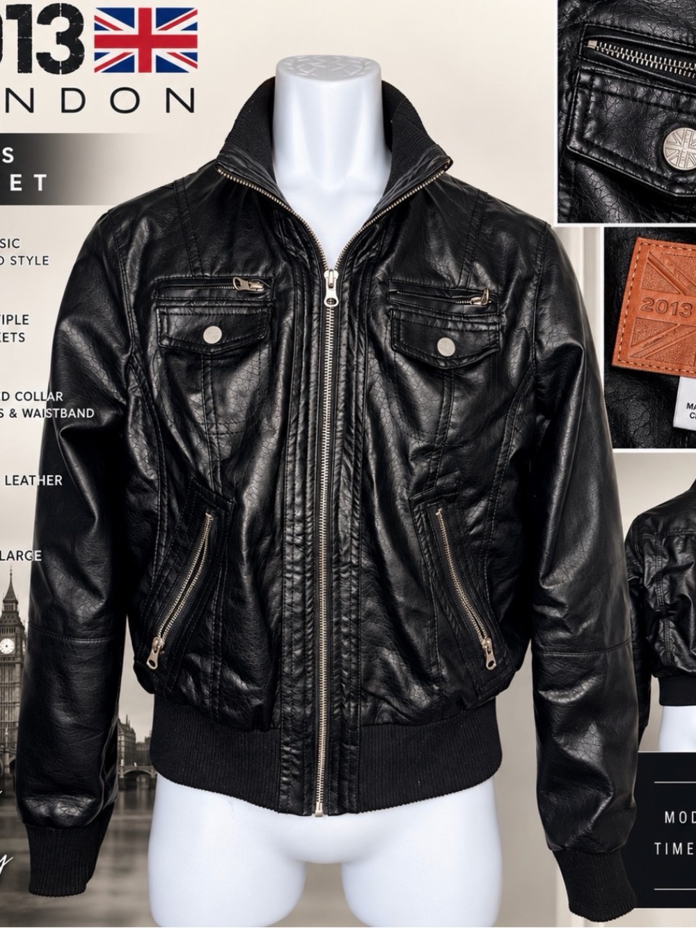 2013 London Black Faux Leather Moto Bomber Jacket Black Size L